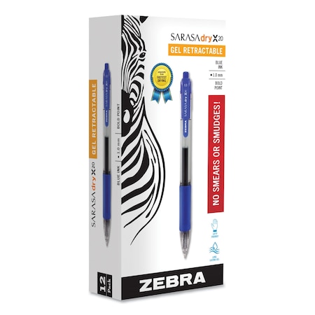 Zebra Pen Sarasa Dry Gel X20 Gel Pen, Retractable, Bold 1 mm, Blue Ink, Clear/Blue Barrel, PK12 46620